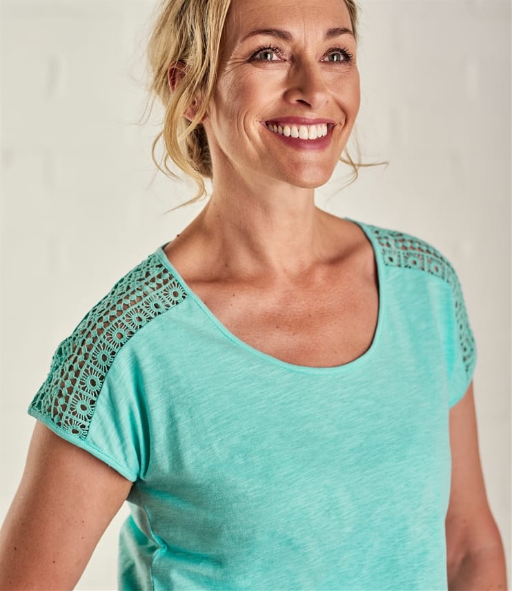 Turquoise Womens Crochet Sleeve TShirt WoolOvers UK