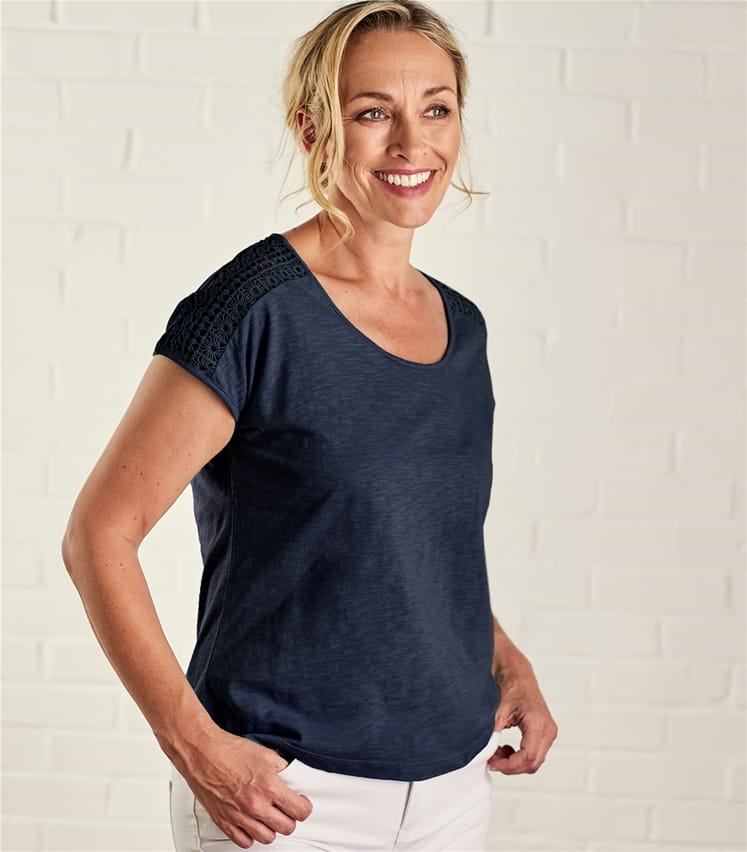 Navy Womens Crochet Sleeve TShirt WoolOvers US