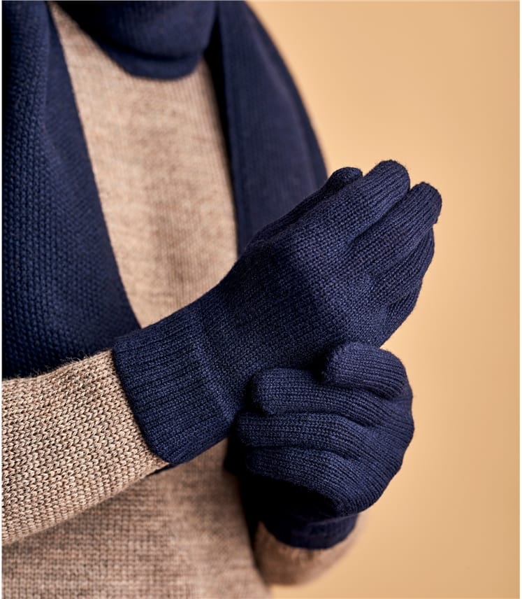 N.Peal Men's Ribbed Cashmere Gloves Navy Blue - One Size