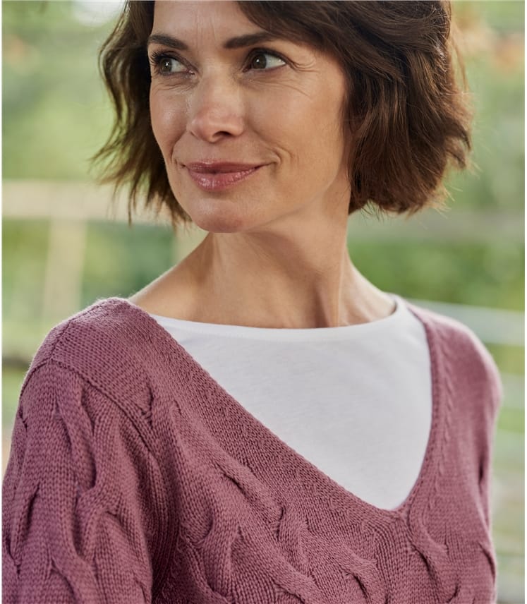 Dusty Pink Womens Cable Knit V Neck Jumper WoolOvers UK