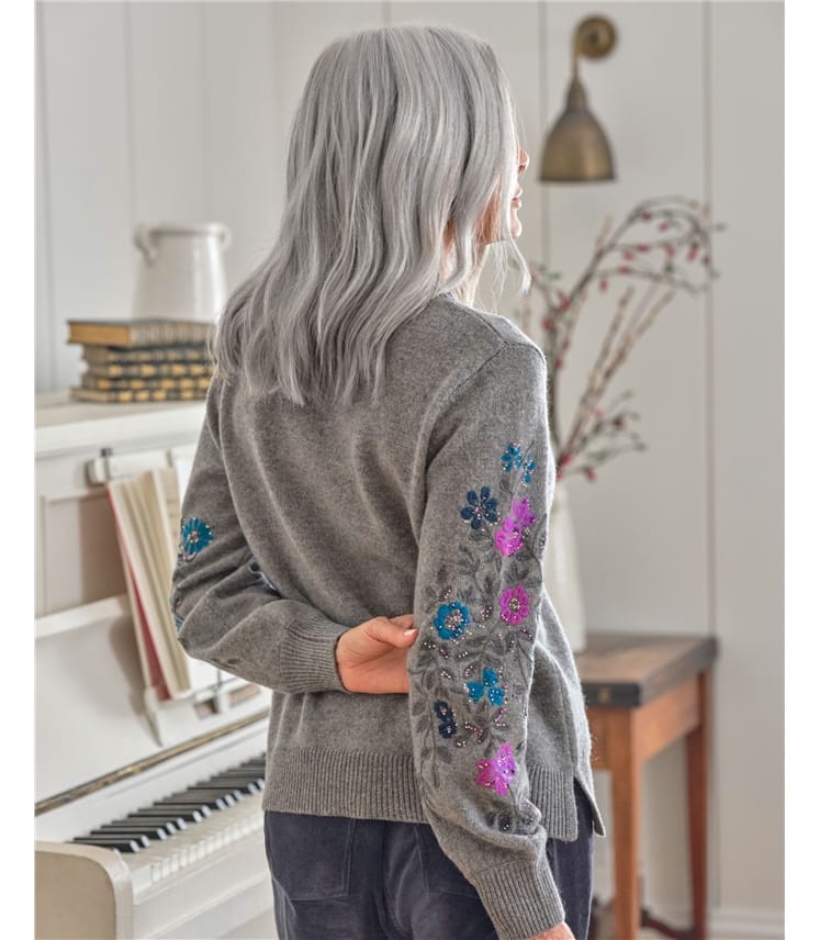 Grey Marl Floral Embroidered Sleeve Jumper WoolOvers UK