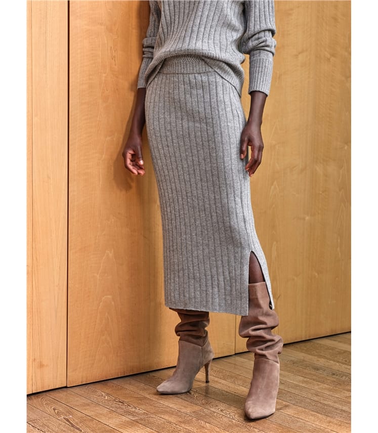 Grey Marl | Wool Cashmere Ribbed Skirt | WoolOvers US