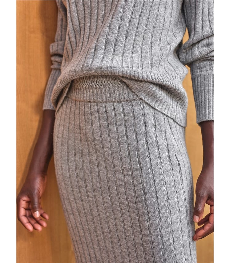Grey Marl | Wool Cashmere Ribbed Skirt | WoolOvers US