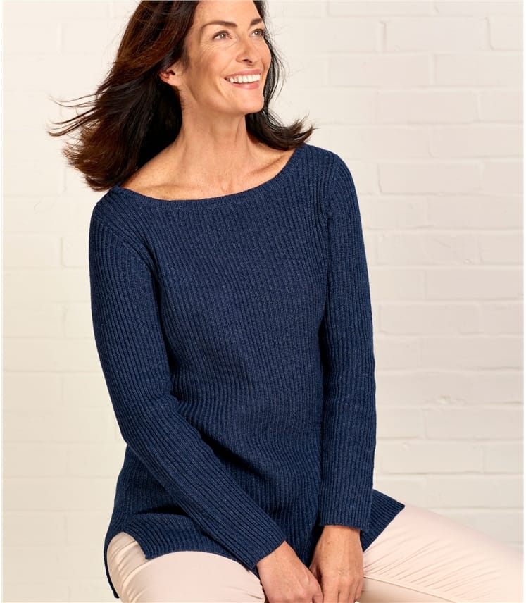 Denim Marl | Womens Boat Neck Relaxed Rib Jumper | WoolOvers UK