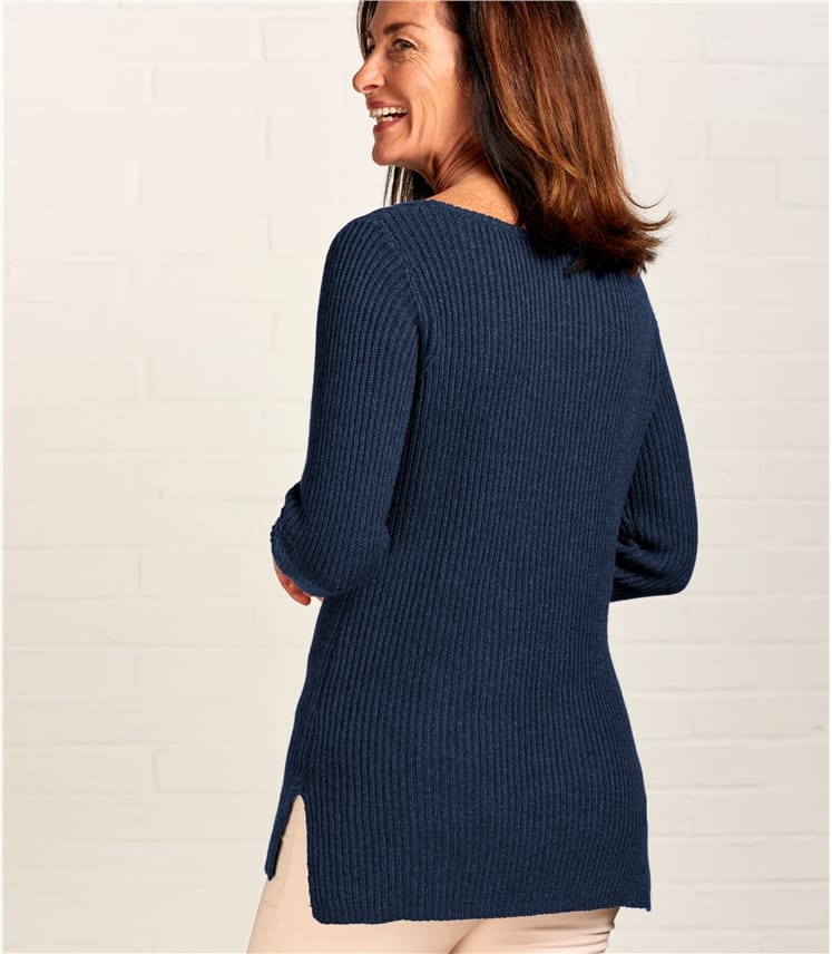 Denim Marl | Womens Boat Neck Relaxed Rib Jumper | WoolOvers UK