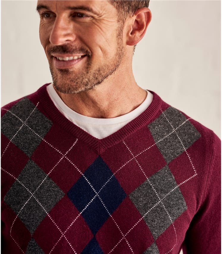 Plum/Navy/Grey | Mens Cashmere Merino V Neck Argyle Jumper | WoolOvers AU