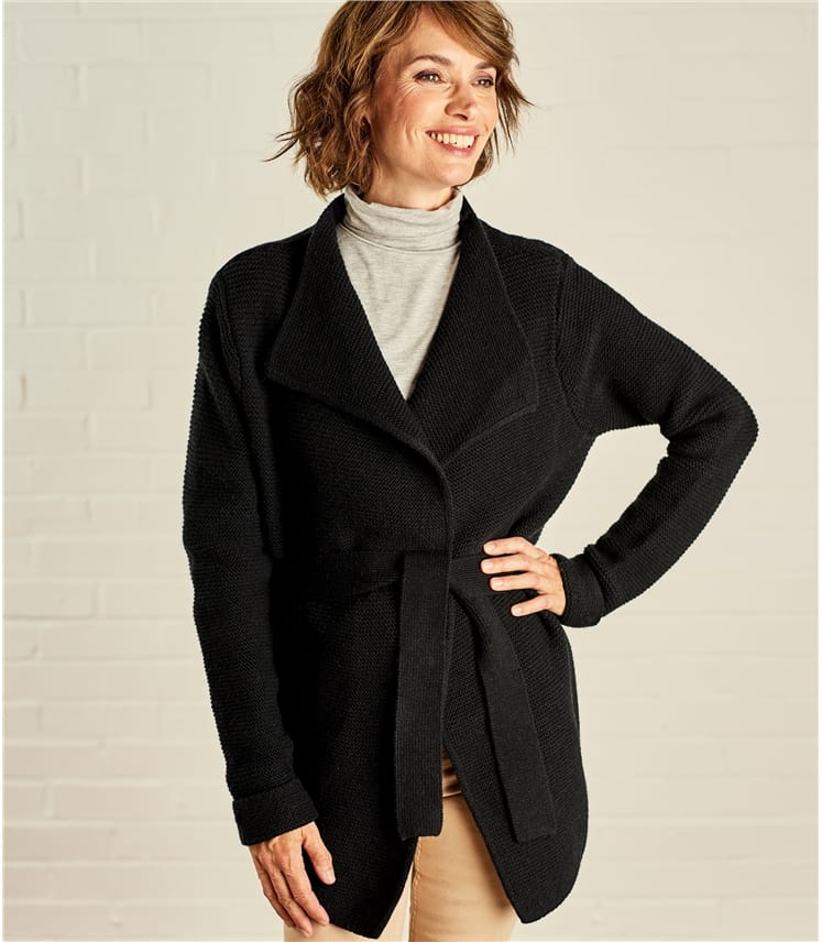Black | Womens Chunky Stitch Belted Cardigan | WoolOvers US