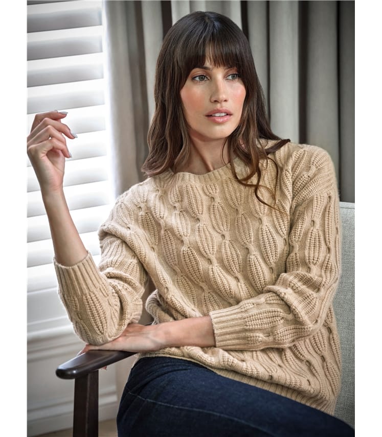 Camel | Cashmere Luxury Cable Sweater | WoolOvers US