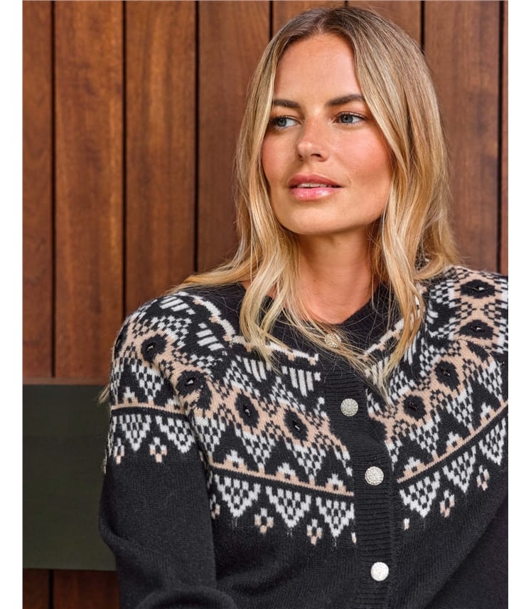 Cashmere Blend Fairisle Diamante Button Cardigan
