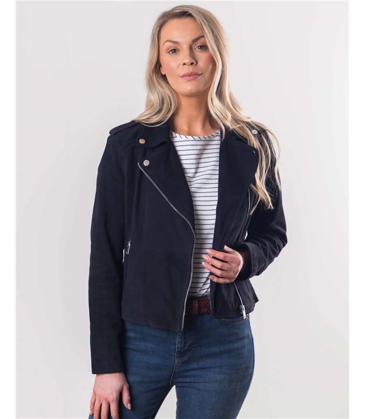 Navy | Staveley Suede Biker Jacket | WoolOvers UK