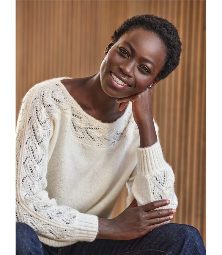 Wool Cashmere Lace and Pearl Sleeve Sweater White WoolOvers