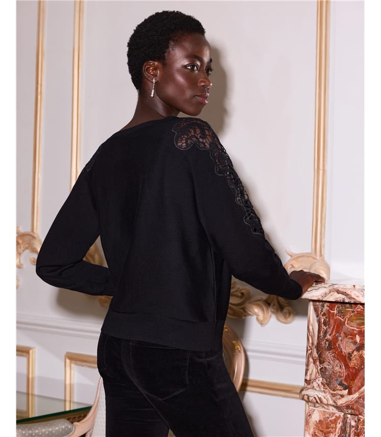 Lace Panel Rhinestone Wool Blend Sweater