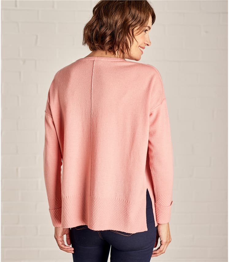 Salmon Pink Womens Cashmere & Merino Textured Edge V Neck Sweater