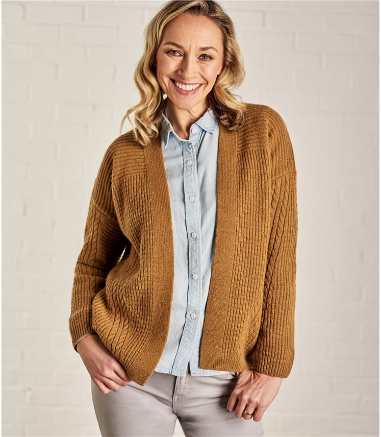 Moutarde foncée | Cardigan ouvert texturé - Femme - Laine ...