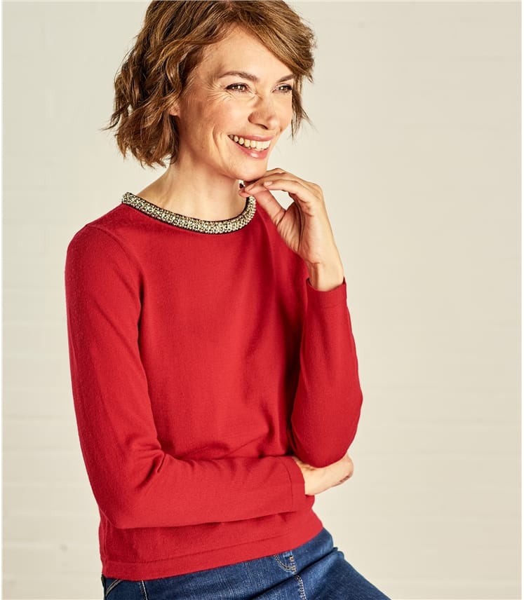 Red | Womens Jewel Neck Top | WoolOvers AU