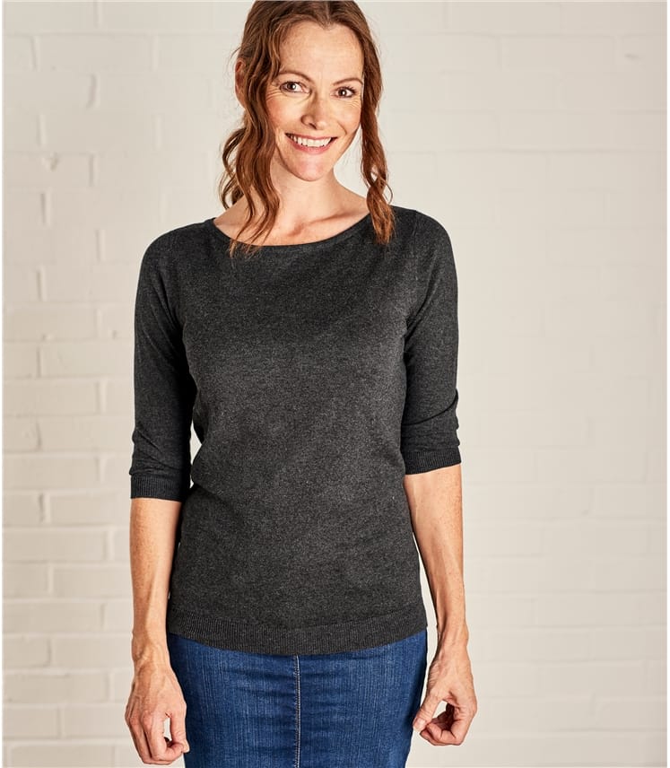 Dark Charcoal | Womens Cotton Silk Boat Neck 3/4 Sleeve Sweater ...