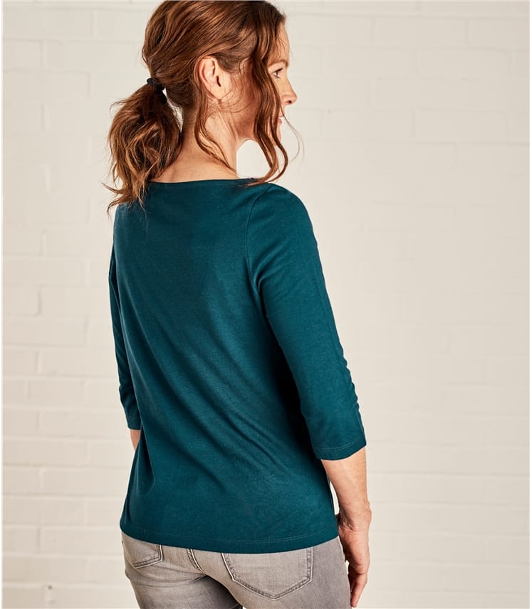 Dark Teal Womens Jersey 3 4 Sleeve Boat Neck Tee Woolovers Uk