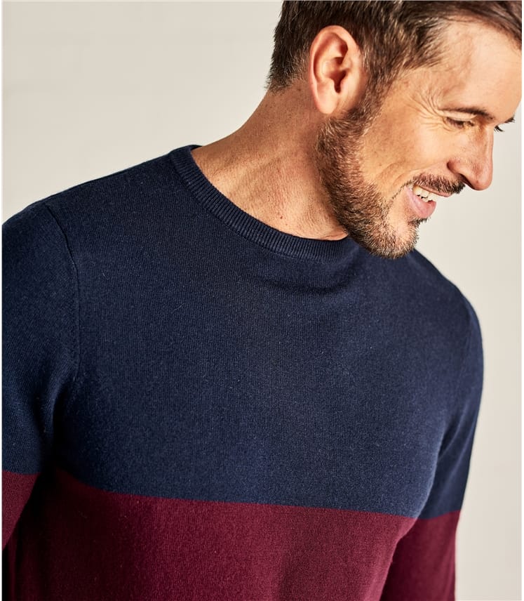 Plum/Navy Mens Colour Block Jumper WoolOvers UK