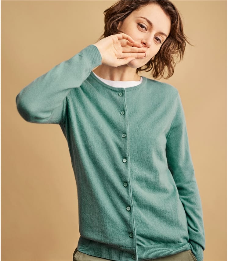 Celadon | Womens Cashmere Merino Classic Crew Neck Cardigan | WoolOvers UK