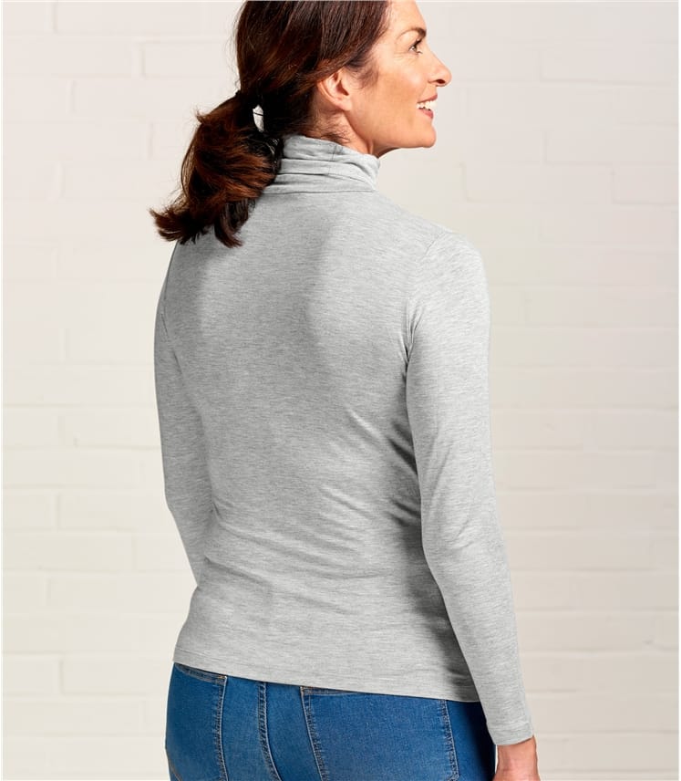 Grey Marl 95 Viscose 5 Elastane Womens Slim Polo Neck Top