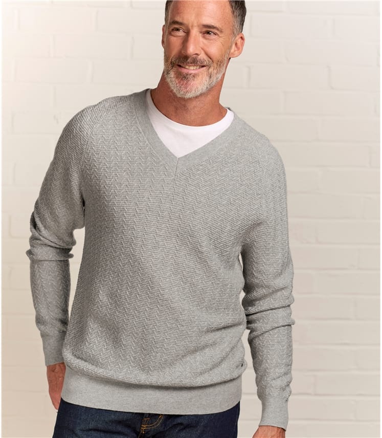 Grey Marl 50% Cotton & 50% Wool | Mens Textured Stitch V Neck Jumper