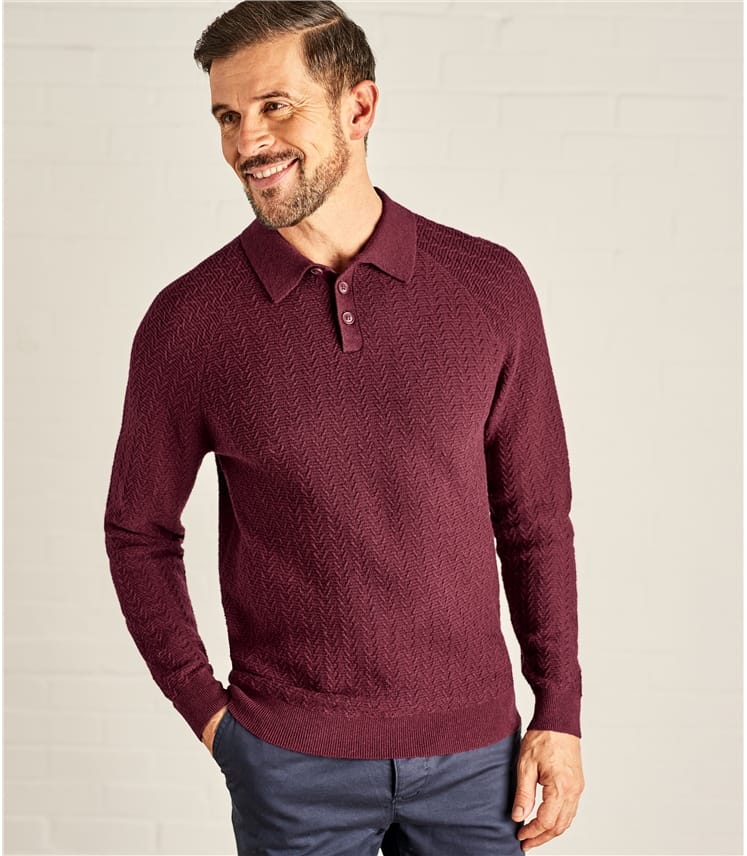Plum | Mens Textured Stitch Polo Shirt | WoolOvers US