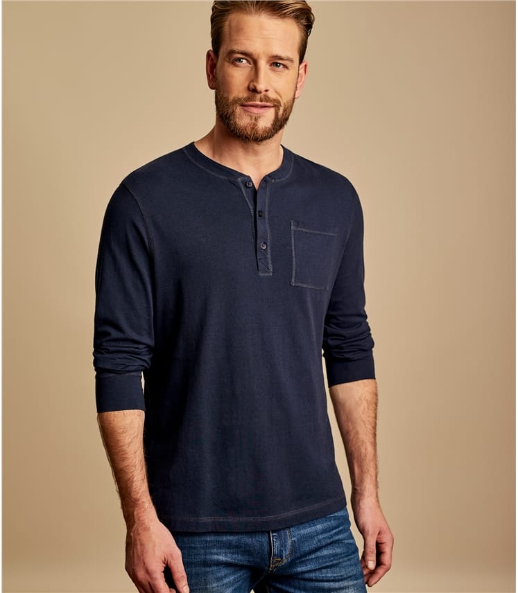 Navy | Mens Henley Button Long Sleeve T-shirt | WoolOvers UK