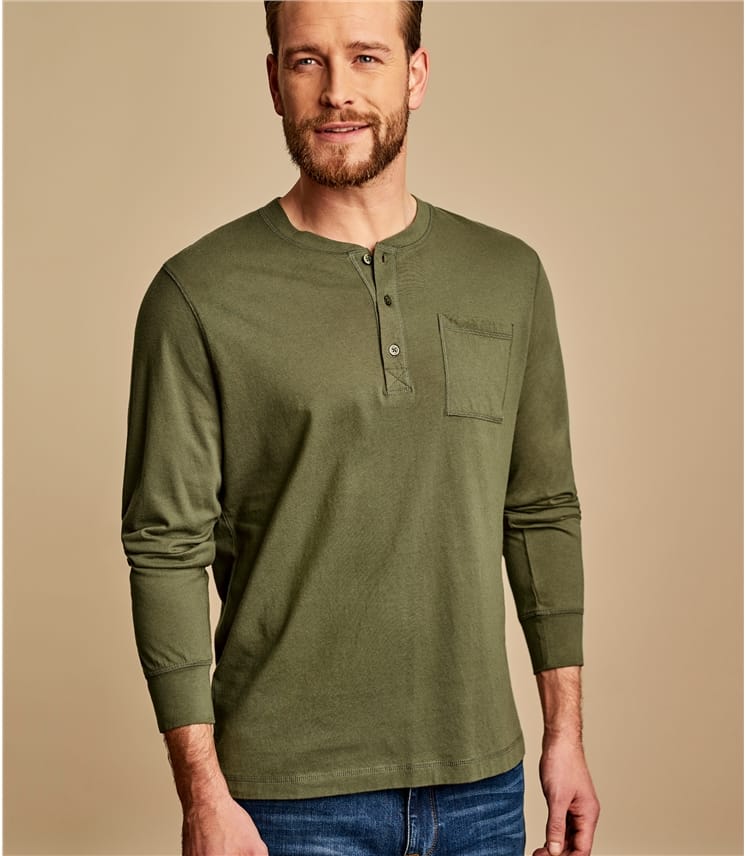 Safari Green | Mens Henley Button Long Sleeve T-shirt | WoolOvers US