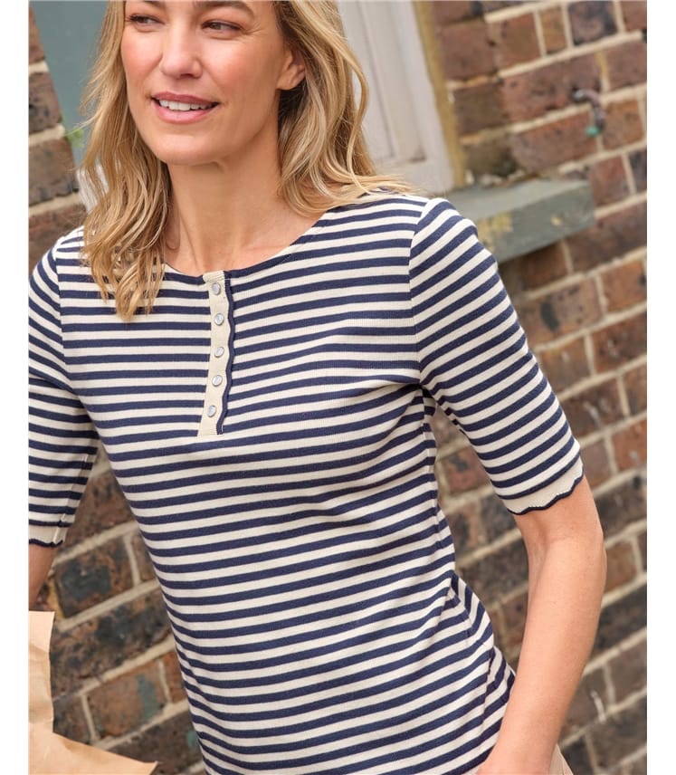 Scallop Rib Short Sleeve Henley Top