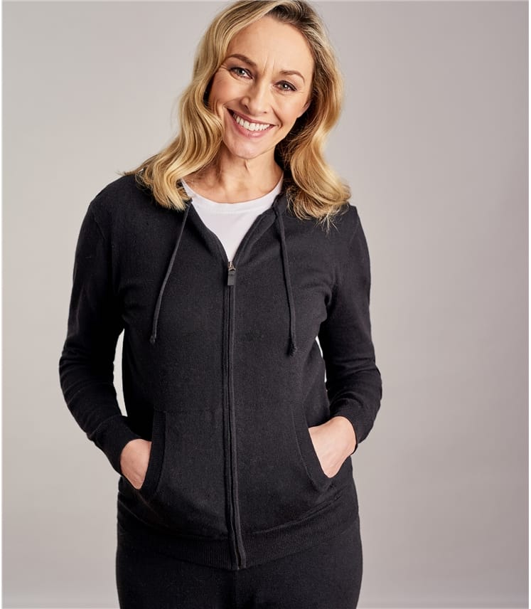 Black | Womens Cashmere & Cotton Zip Through Hoodie | WoolOvers AU