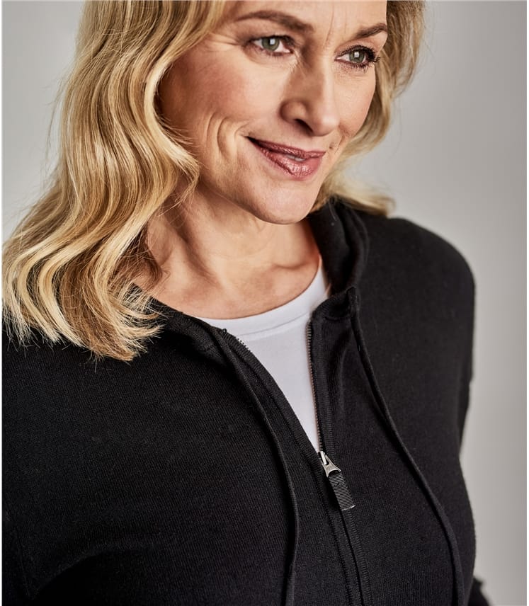 Black Womens Cashmere & Cotton Zip Through Hoodie WoolOvers UK