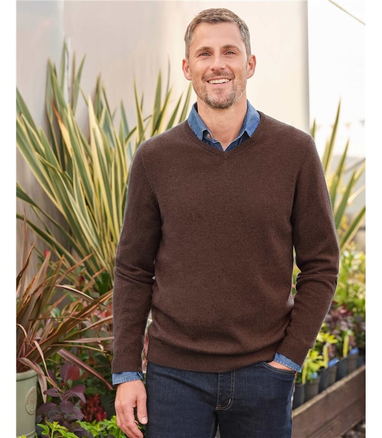 Dark Chocolate Cashmere Merino Classic V Neck Knitted Jumper - Main Image