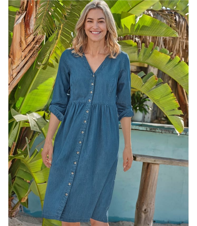 Button Through 3/4 Sleeve Denim Dress
