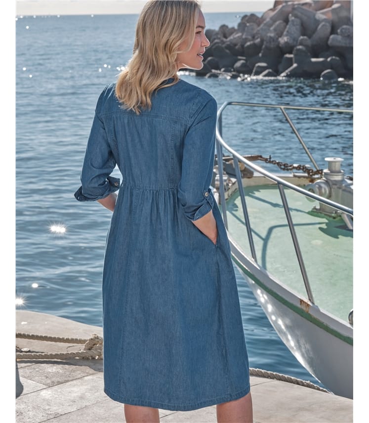 Button Through 3/4 Sleeve Denim Dress