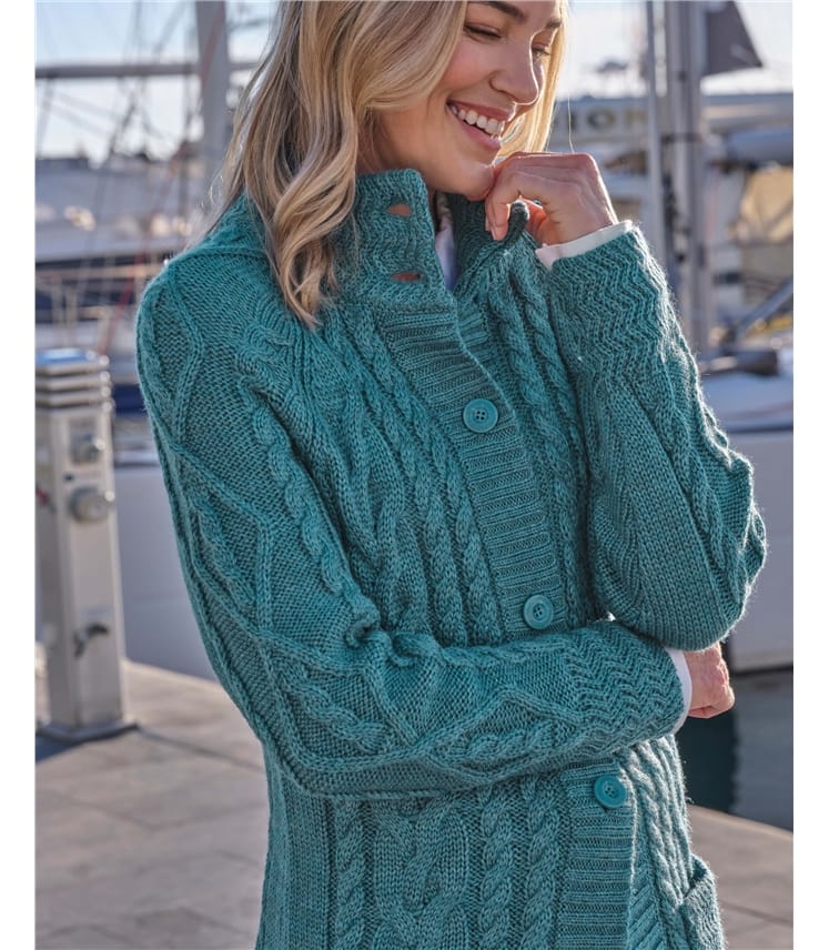 Langstrickjacke mit Aran-Zopfmuster aus reiner Wolle für Damen