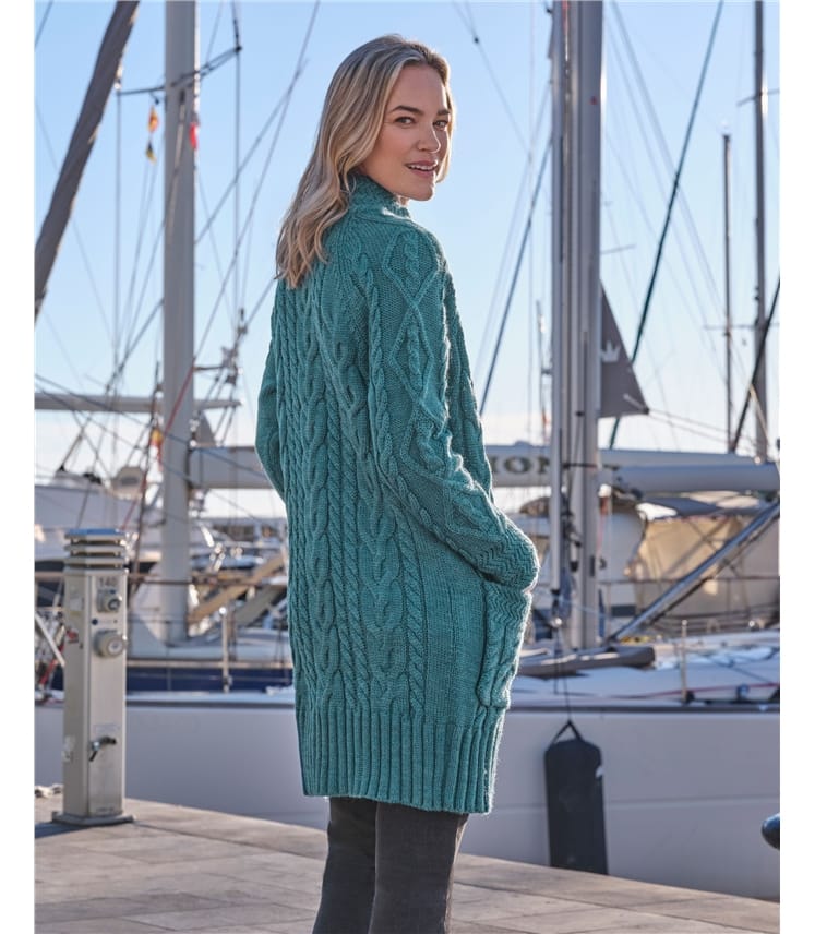 Langstrickjacke mit Aran-Zopfmuster aus reiner Wolle für Damen