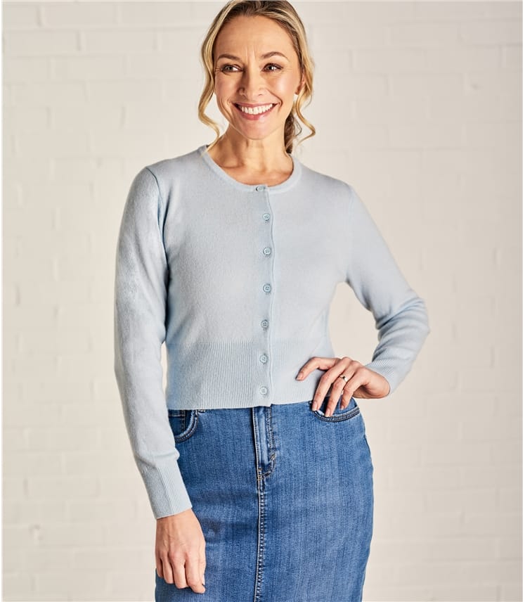 Soft Blue | Womens Crew Neck Cropped Cardigan | WoolOvers AU