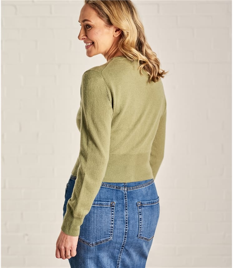 Soft Olive Womens Crew Neck Cropped Cardigan WoolOvers AU