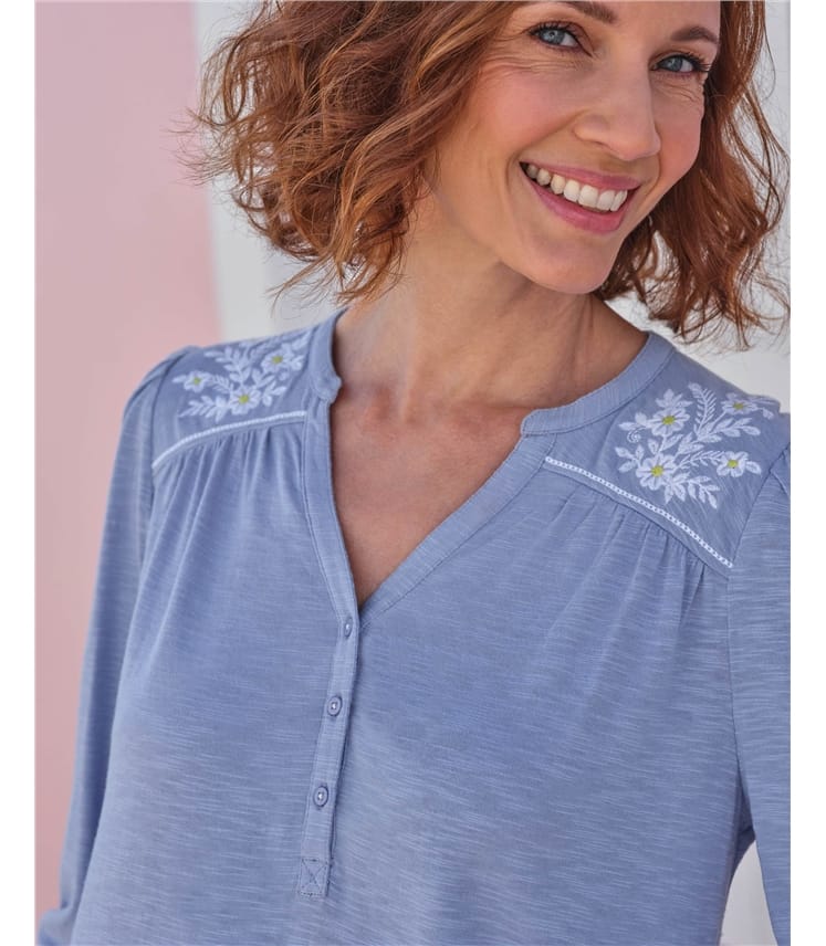 Embroidered Yoke Button Top