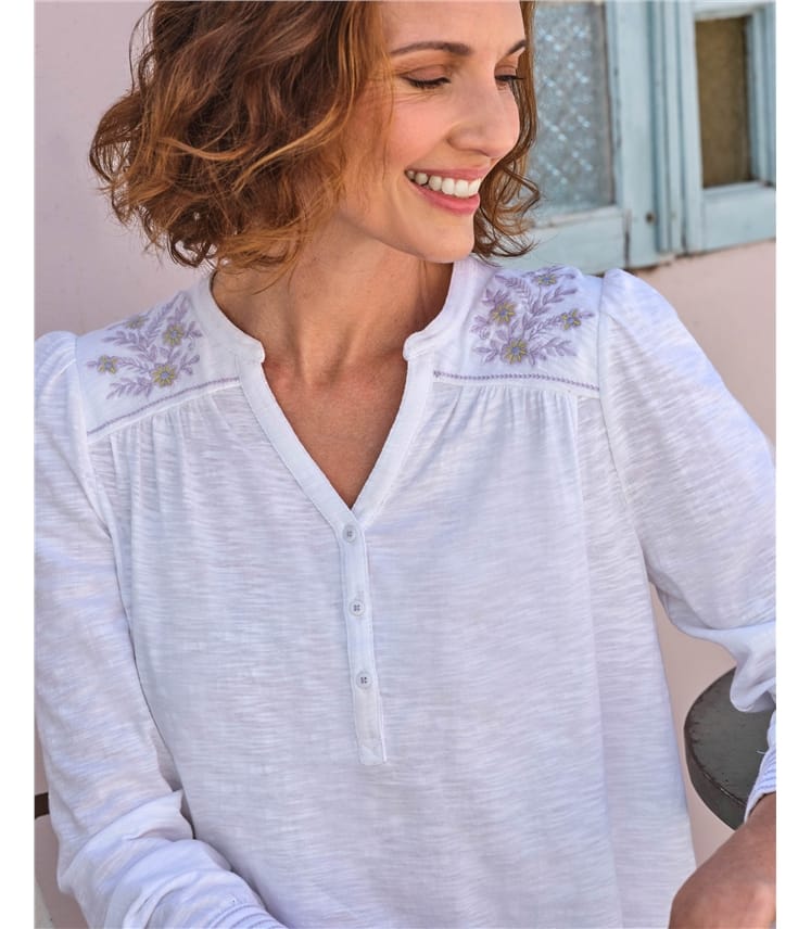 Embroidered Yoke Button Top