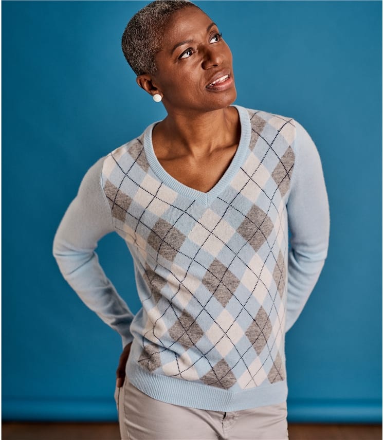 Soft Blue | Womens V Neck Argyle Jumper | WoolOvers UK