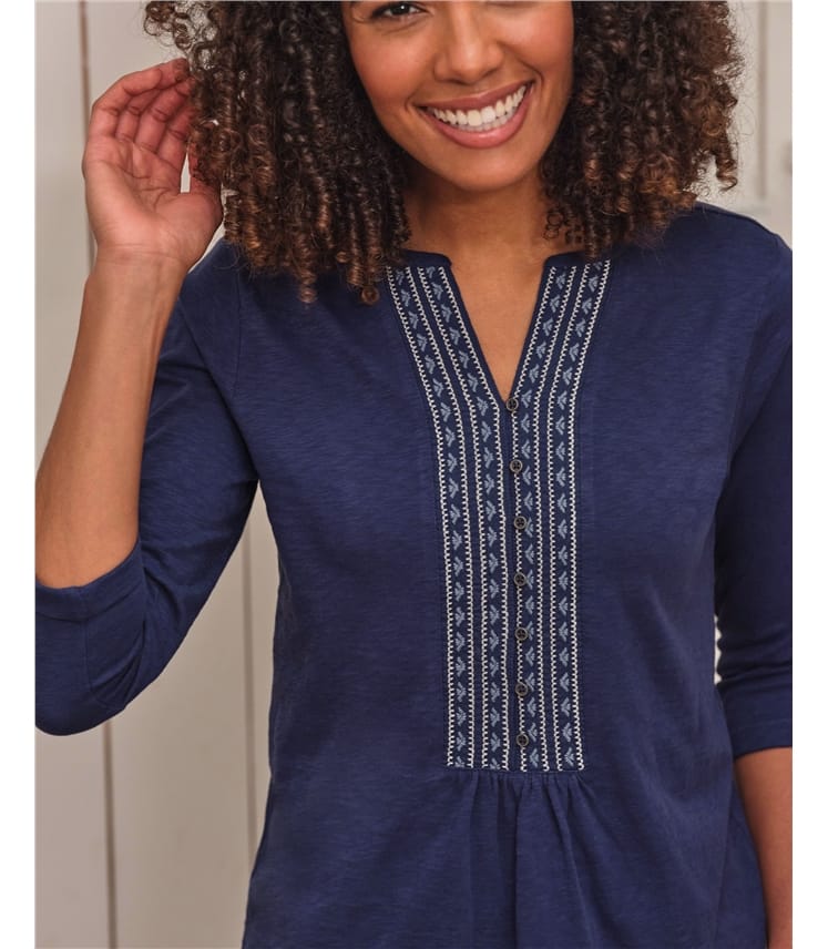 Notch Neck Popover Embroidered Top