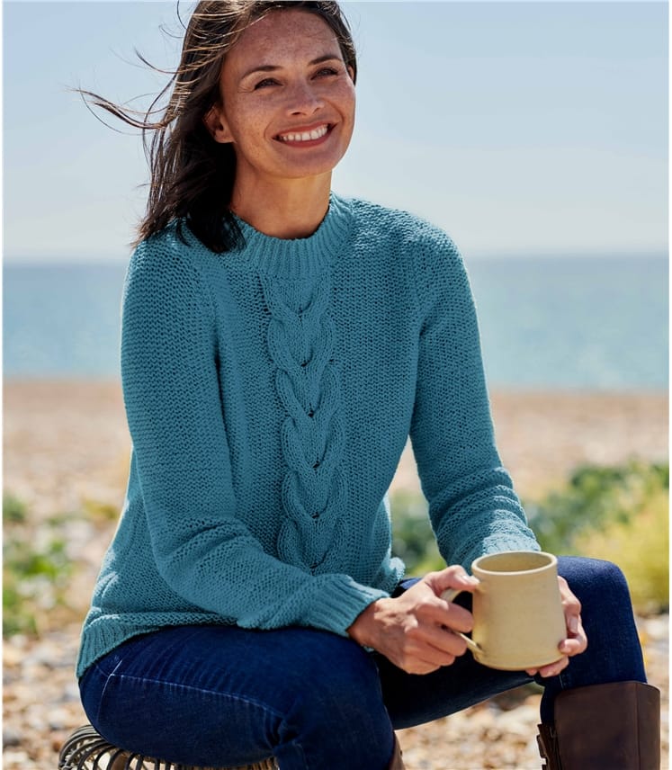 Teal Blue Womens Cotton Cable Detail Jumper WoolOvers UK