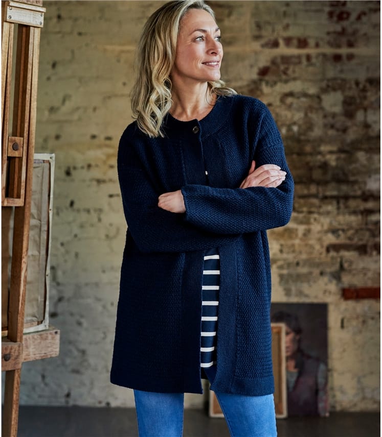 Navy | Womens Basket Stitch Button Coatigan | WoolOvers AU