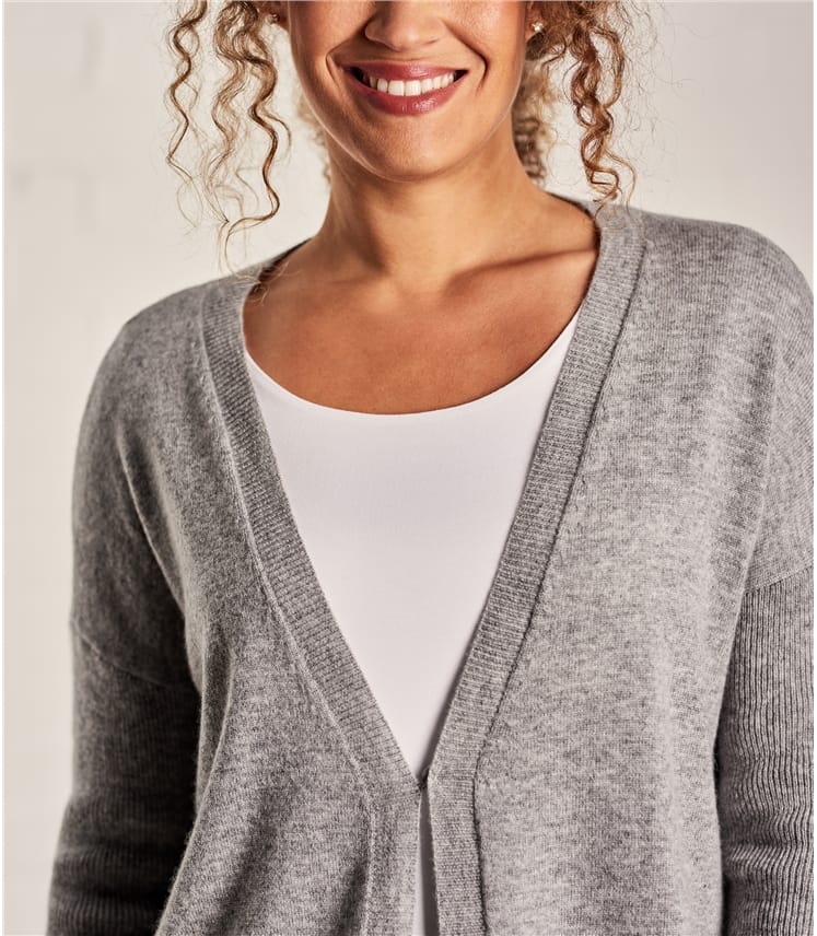 Grey Marl Womens Cashmere Merino V Neck Ribbed Sleeve Cardigan Woolovers Us 