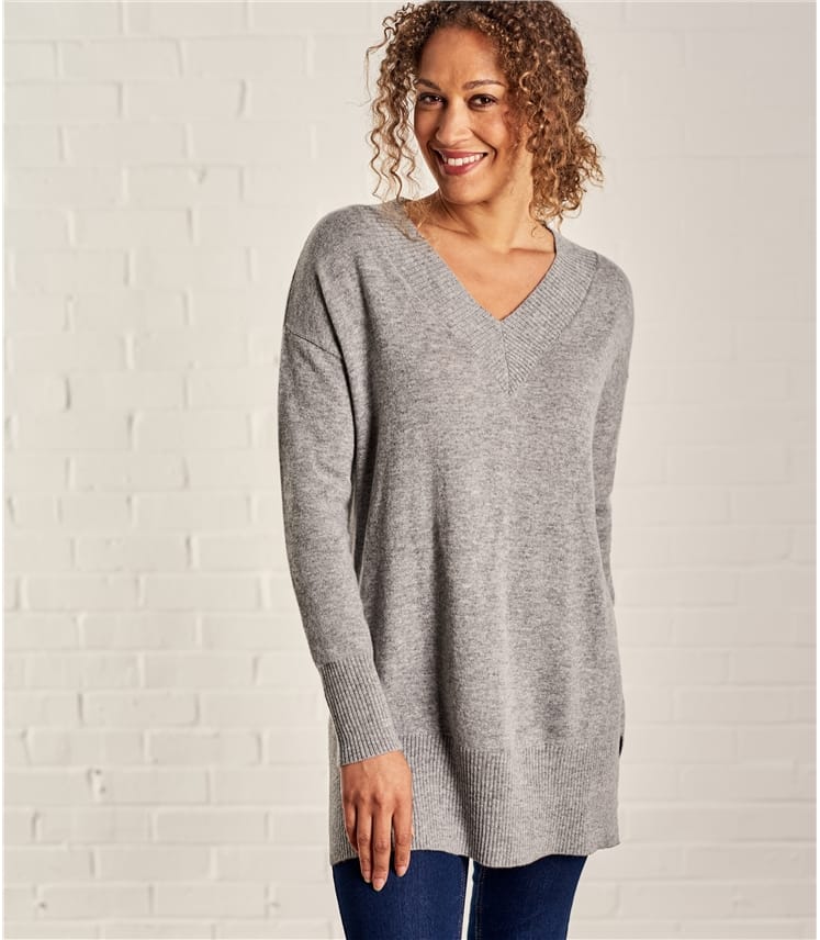 Grey Marl | Womens Cashmere Merino Deep V Neck Tunic | WoolOvers US