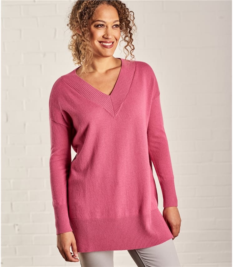 Peony Pink | Womens Cashmere Merino Deep V Neck Tunic | WoolOvers UK