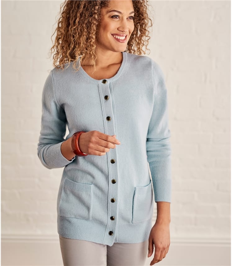 Soft Blue | Lambswool Crew Neck Cardi | WoolOvers US