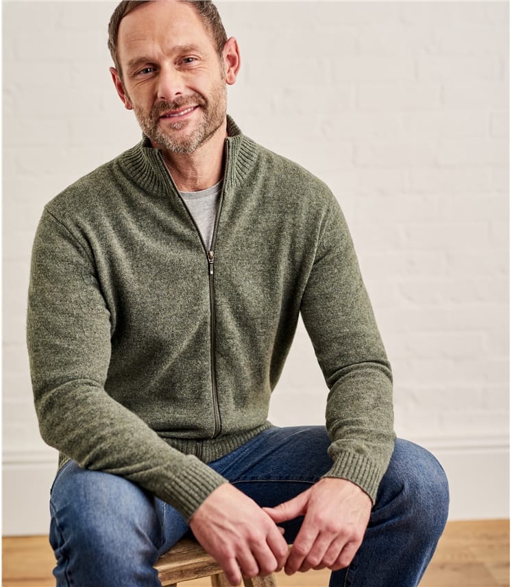 Sage Leaf | Mens Lambswool Lincoln Zipper Cardigan | WoolOvers UK