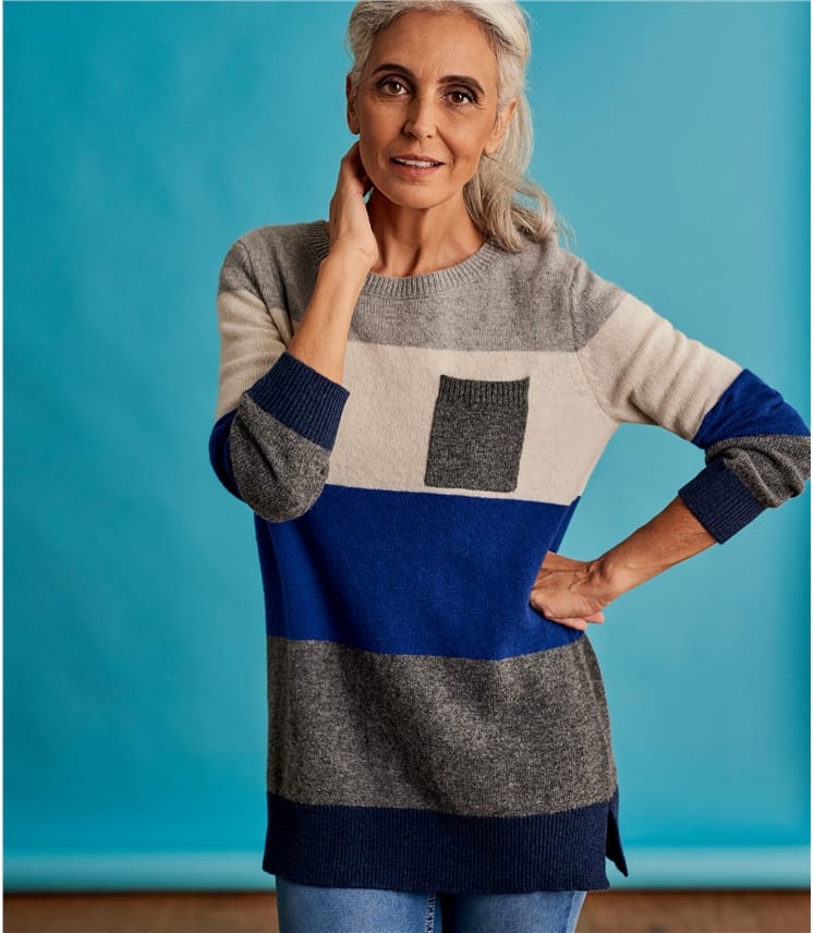 Grey/Cream/Blue | Womens Lambswool Wide Stripe Colour Block Jumper ...